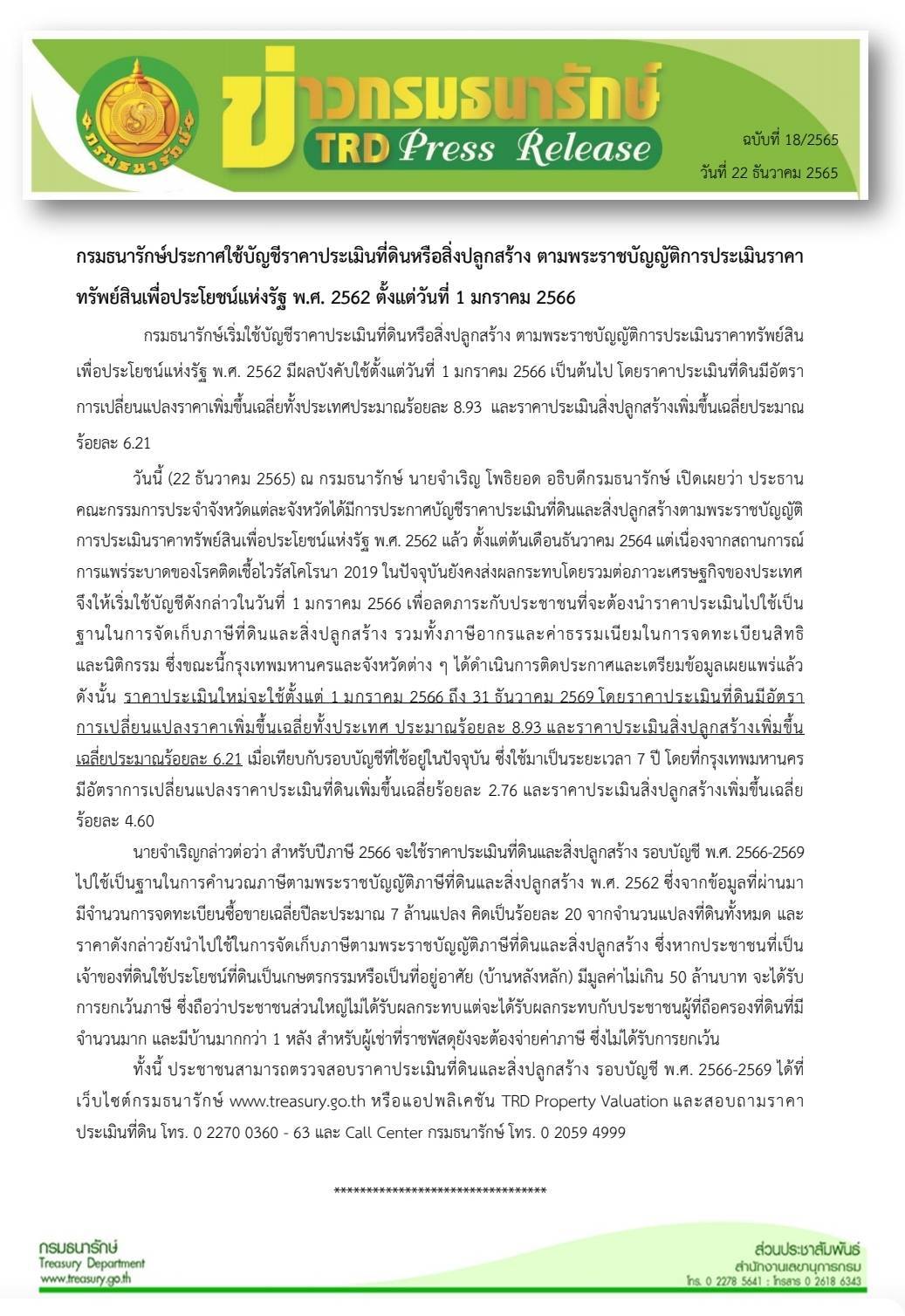 รัฐบาลไทย-ข่าวทำเนียบรัฐบาล-กรมธนารักษ์ประกาศใช้บัญชีราคาประเมินที่ดินหรือสิ่งปลูกสร้าง ตามพระราชบัญญัติการประเมินราคาทรัพย์สินเพื่อประโยชน์แห่งรัฐ พ.ศ. 2562 ตั้งแต่วันที่ 1 มกราคม 2566 รัฐบาลไทย-ข่าวทำเนียบรัฐบาล-กรมธนารักษ์ประกาศใช้บัญชีราคาประเมินที่ดินหรือสิ่งปลูกสร้าง ตามพระราชบัญญัติการประเมินราคาทรัพย์สินเพื่อประโยชน์แห่งรัฐ พ.ศ. 2562 ตั้งแต่วันที่ 1 มกราคม 2566