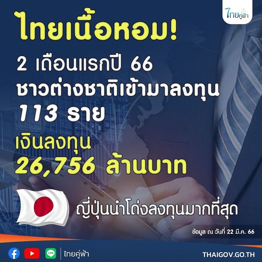 タイ風味の牛肉！  2023 年の最初の 2 か月で、113 人の外国人が投資に来て、26,756 百万バーツの投資があり、日本が投資をリードしました。