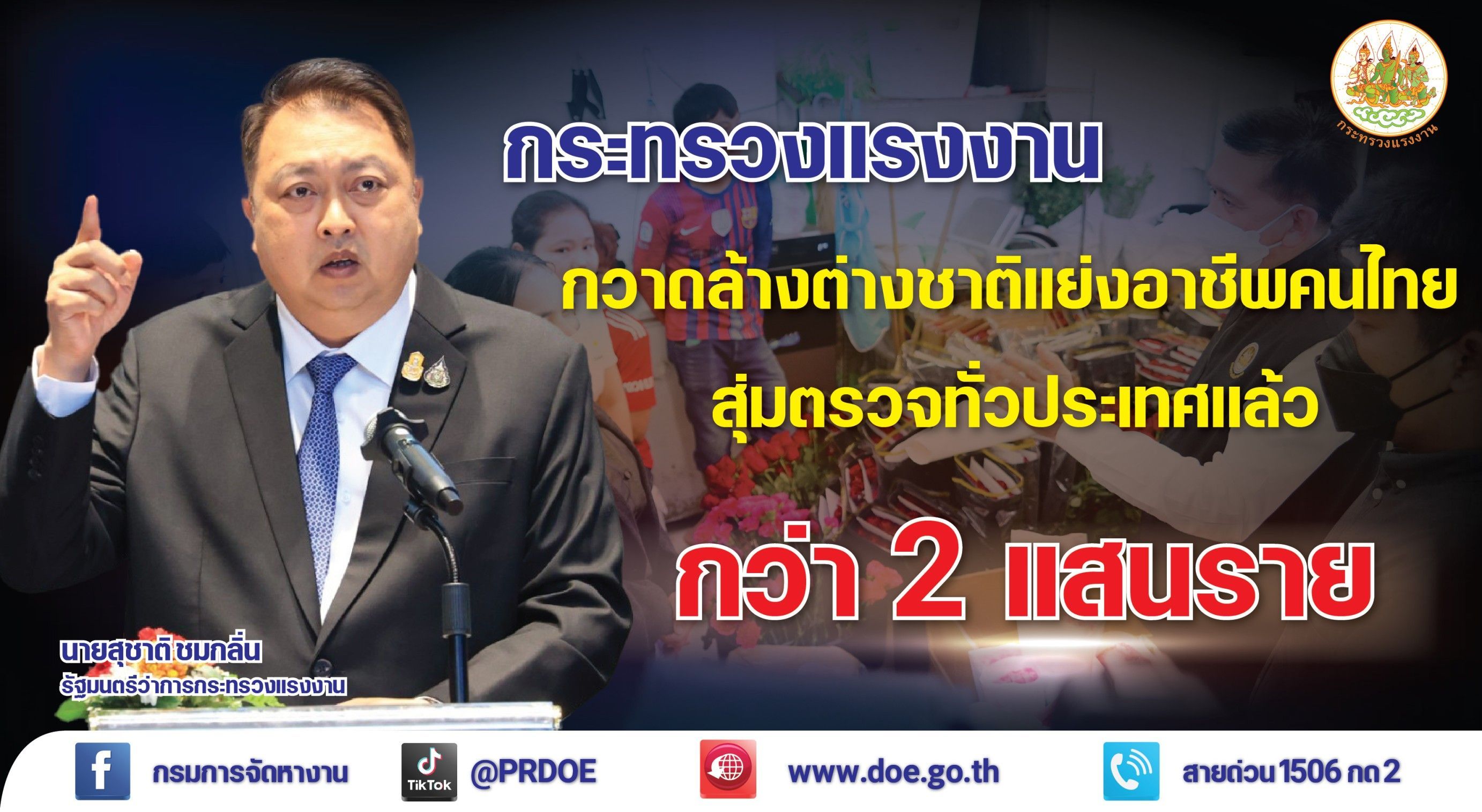 รมว.เฮ้ง แถลงผลกวาดล้างต่างชาติแย่งอาชีพคนไทย ปีงบ 66 ตรวจสอบแล้วกว่า 2 แสนราย พบกระทำผิด 1,550 คน เป็นความผิดแย่งอาชีพคนไทย 883 คน