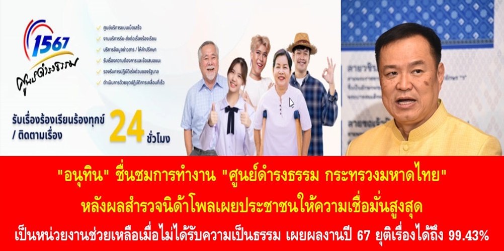 “อนุทิน” ชื่นชมการทำงาน “ศูนย์ดำรงธรรม กระทรวงมหาดไทย” หลังผลสำรวจน…